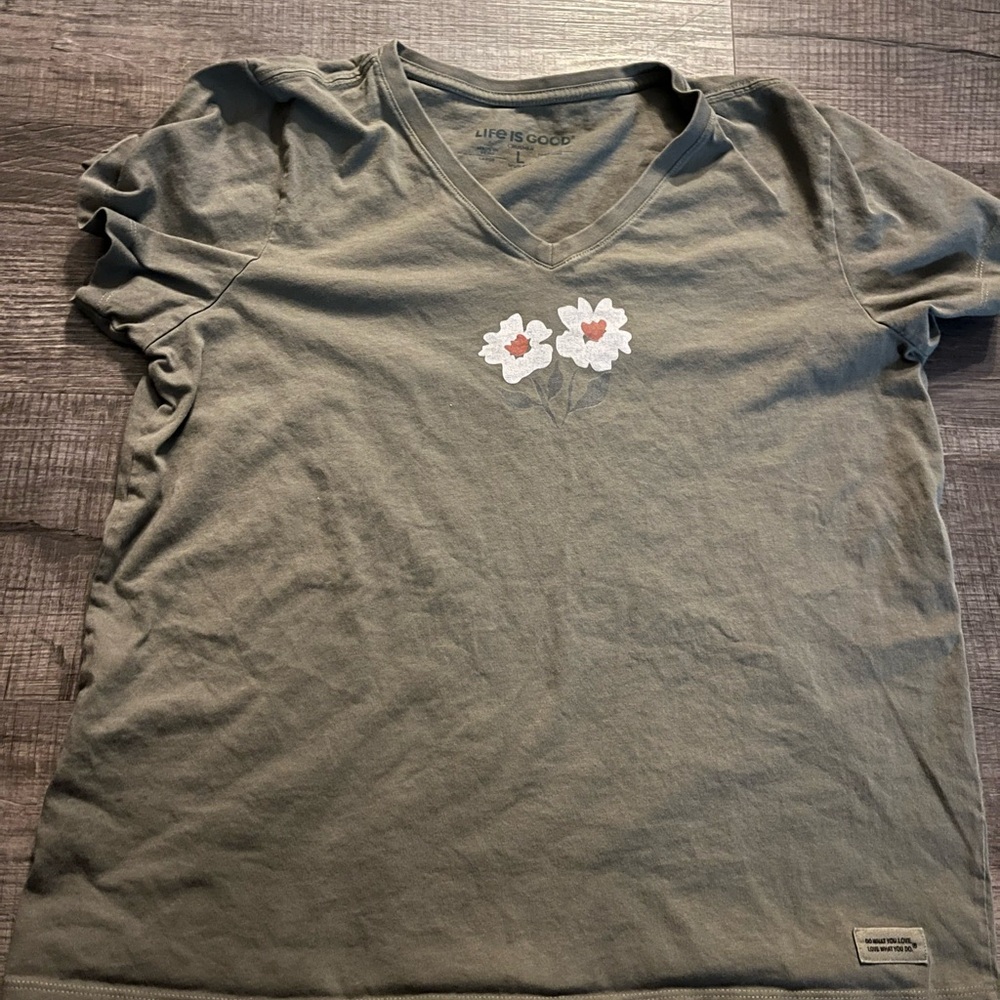 Life Is Good Sage Green Tee with Floral Embroidery